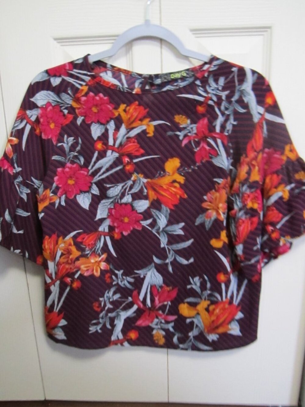 Bright Floral Short-Sleeve Blouse - Burgundy with Pink & Orange Flowers